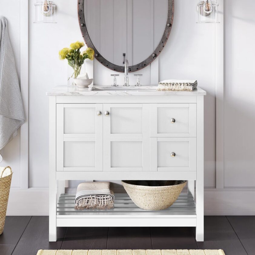 10 36 Inch White Shaker Farmhouse Freestanding Bathroom Vanity with Marble Top & Slatted Shelf