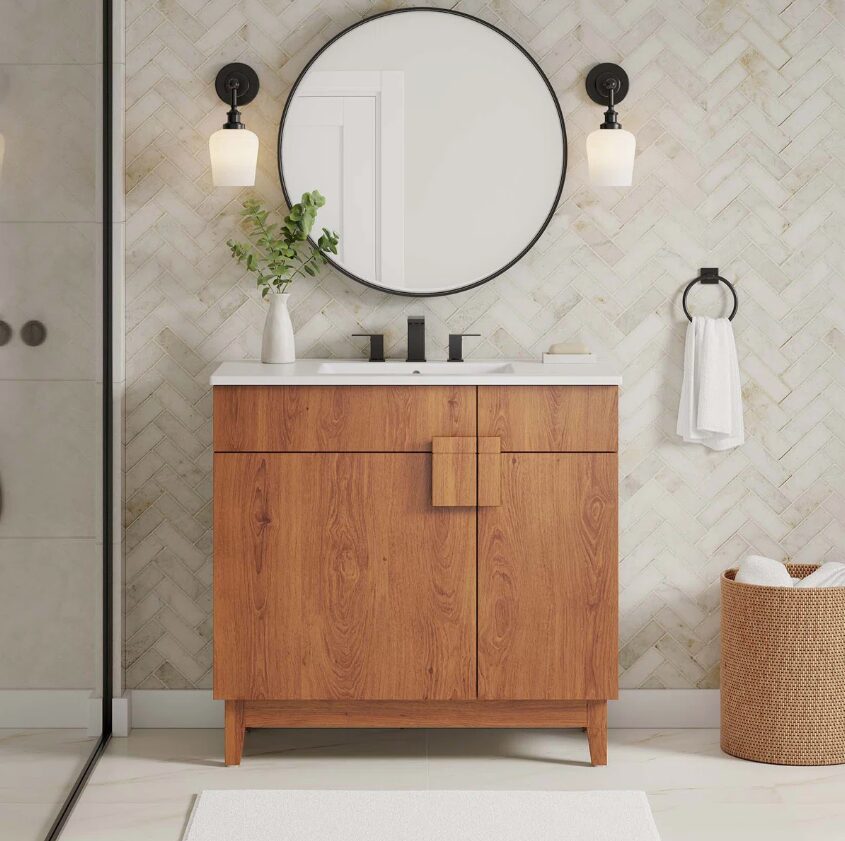 Mid-Century Walnut Single Sink Vanity Cabinet with 2 Doors & Dual Top Drawers