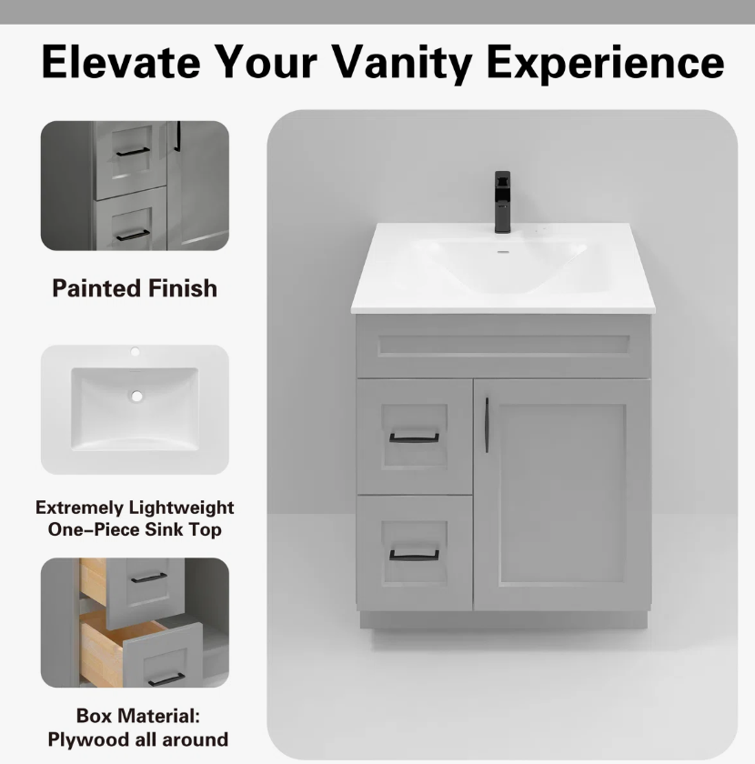 Modern Light Gray Single Sink Vanity Cabinet with Solid Wood Drawer Boxes