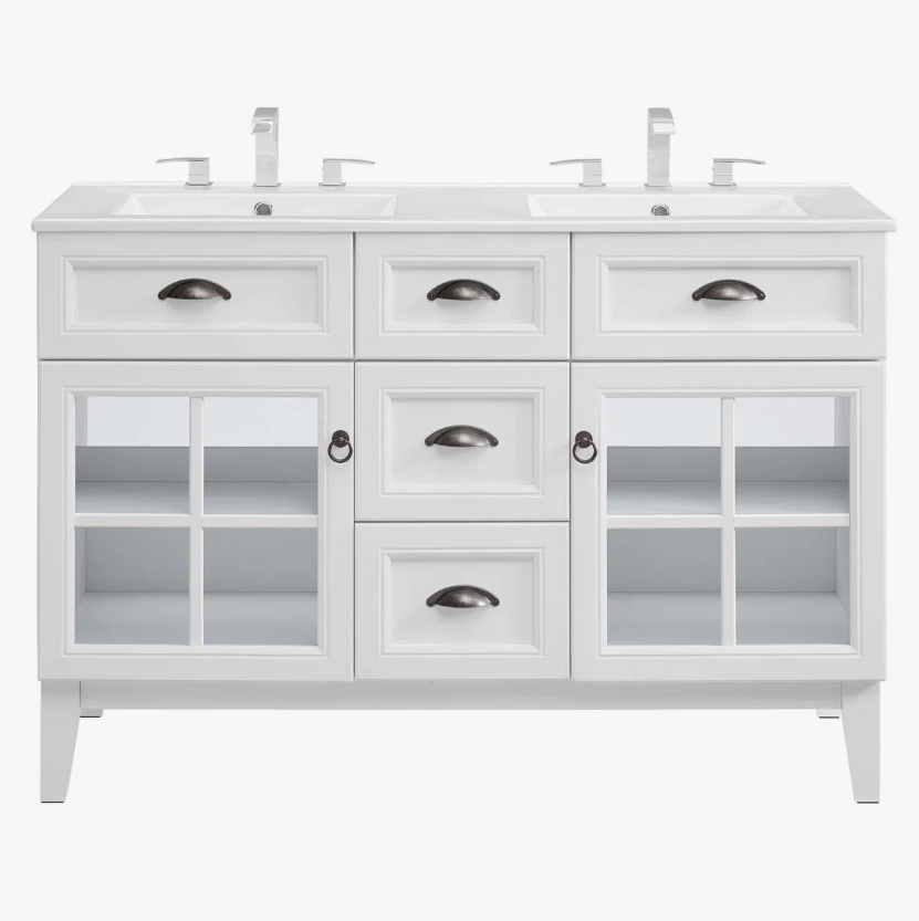 Traditional White Double Vanity with Integrated White Solid Surface Countertop