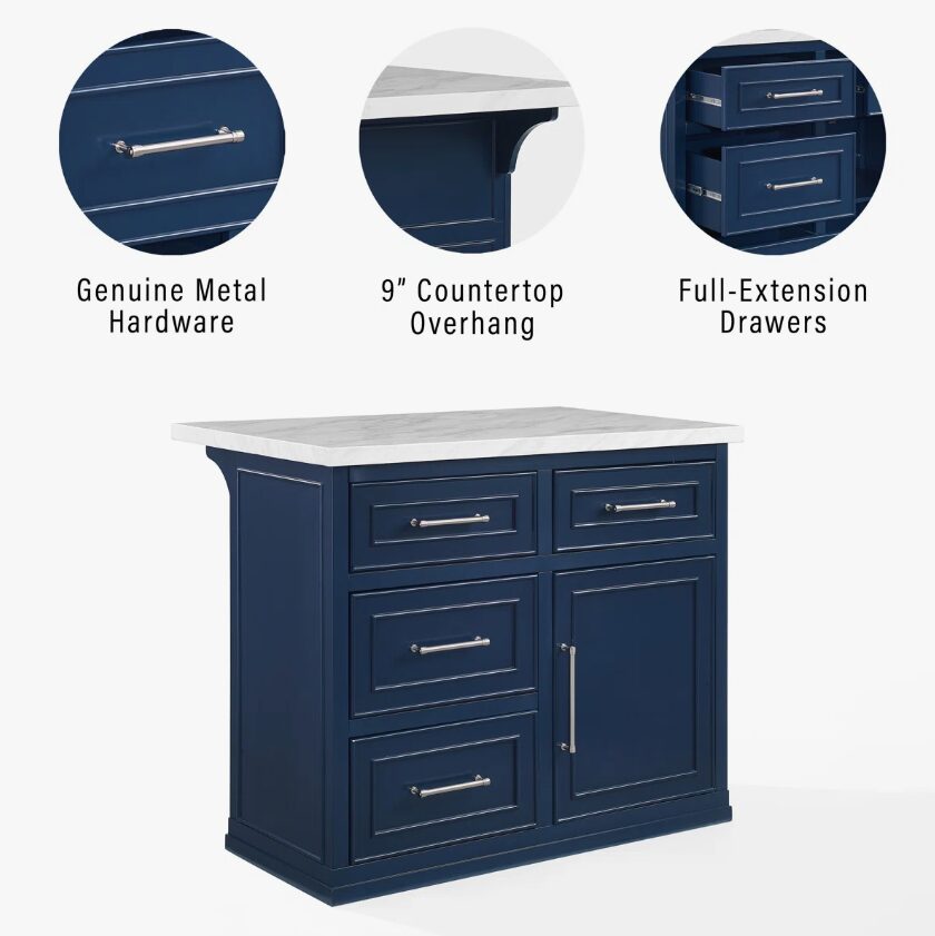 10 42 Inch Navy Blue Shaker Kitchen Island with Carrara Marble Countertop
