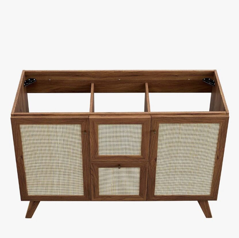 10 48 Inch Walnut Rattan Double Sink Mid-Century Bathroom Vanity with White Quartz Top