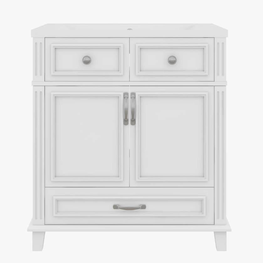 30 Inch White Shaker Freestanding Bathroom Vanity with Integrated Ceramic Sink & Large Storage Drawer