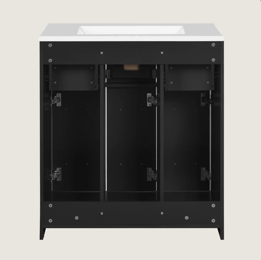 30" Black Vanity with White Sink & 9 Storage Drawers