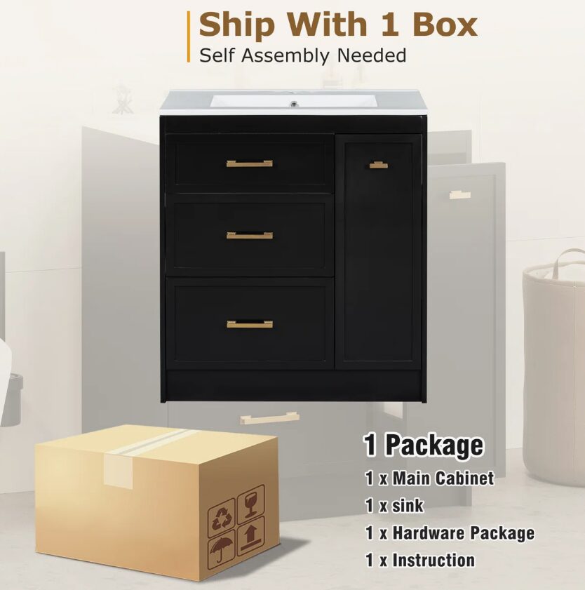 10 30" Black Vanity Cabinet with White Sink & Gold Hardware