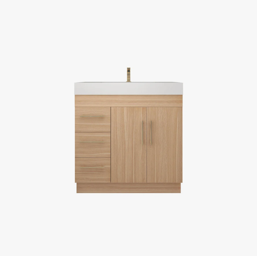 10 36 Inch Light Oak Single Sink Bathroom Vanity Integrated Solid Surface Top Soft Close Drawers & Doors