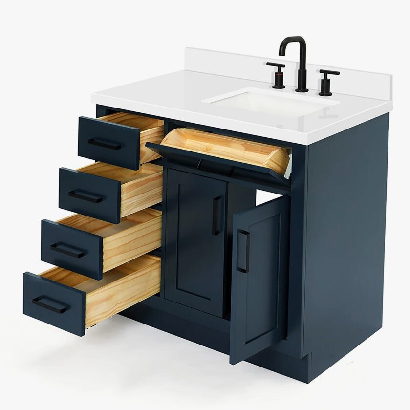 10 36 Inch Navy Blue Shaker Single Sink Bathroom Vanity White Quartz Top Soft Close Drawers Matte Black Hardware