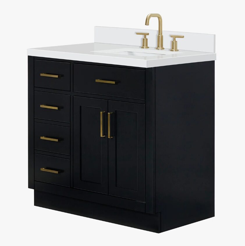 10 36 Inch Matte Black Single Sink Bathroom Vanity White Quartz Top Soft Close Drawers Brushed Gold Hardware