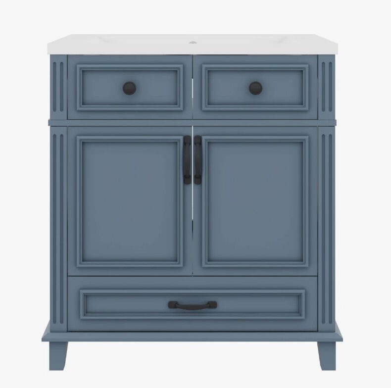 Freestanding Traditional Blue Wood Bathroom Vanity with White Integrated Sink Top