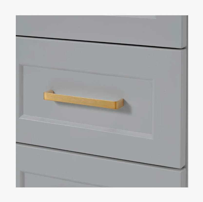 Transitional Light Gray Bathroom Vanity with Soft Close Doors, 4 Drawers & Brushed Gold Hardware
