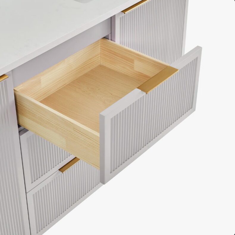 60 Inch Fluted Light Gray Double Undermount Sink Bathroom Vanity, White Quartz Countertop & Brushed Gold Hardware