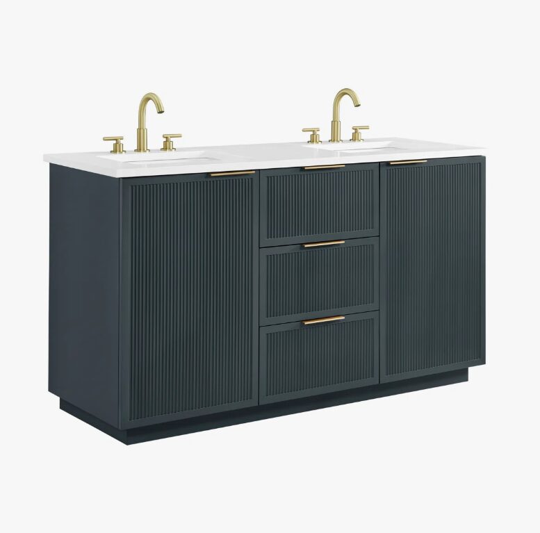 10 60 Inch Dark Navy Fluted Double Undermount Sink Bathroom Vanity, White Quartz Countertop & Brushed Gold Hardware