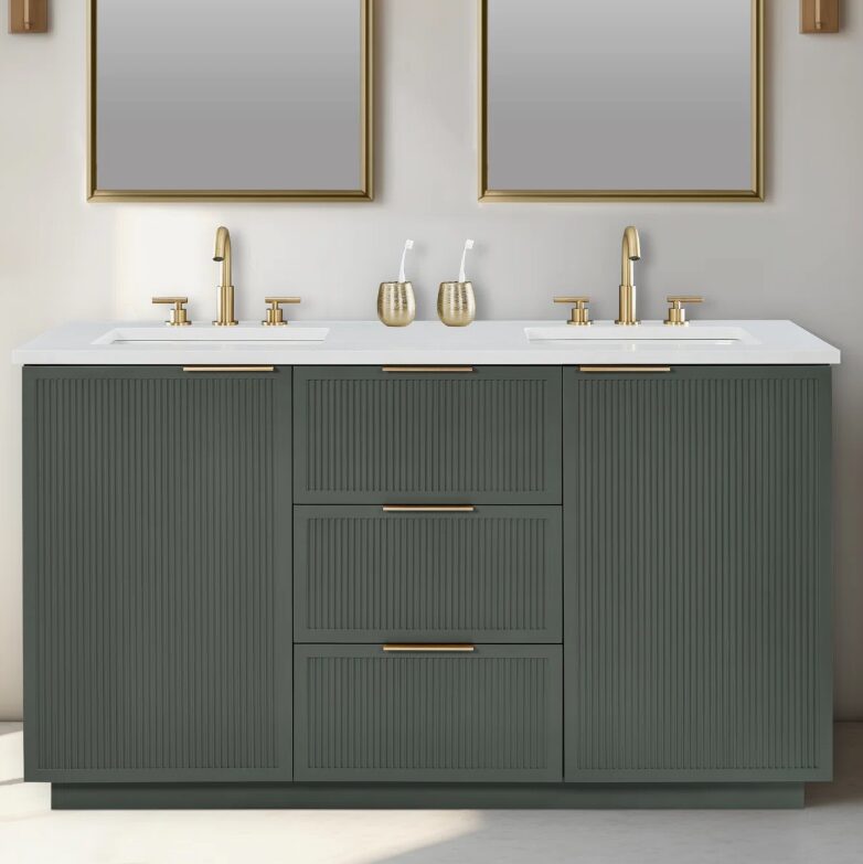 10 60 Inch Sage Green Fluted Double Undermount Sink Bathroom Vanity, White Quartz Countertop & Brushed Gold Hardware