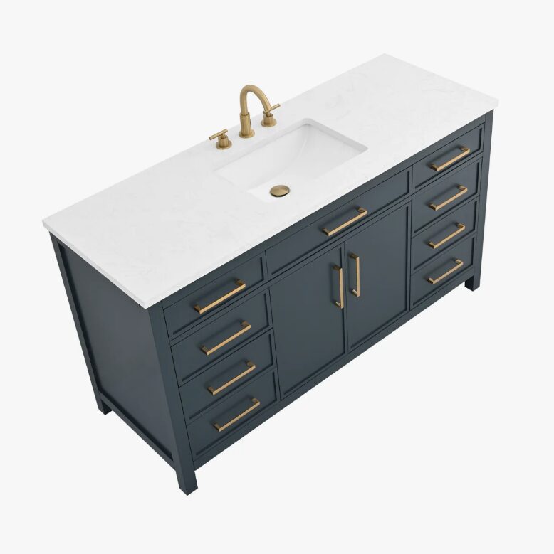 60" Dark Blue Wood Single Vanity Cabinet for Contemporary Primary Bathroom Remodel