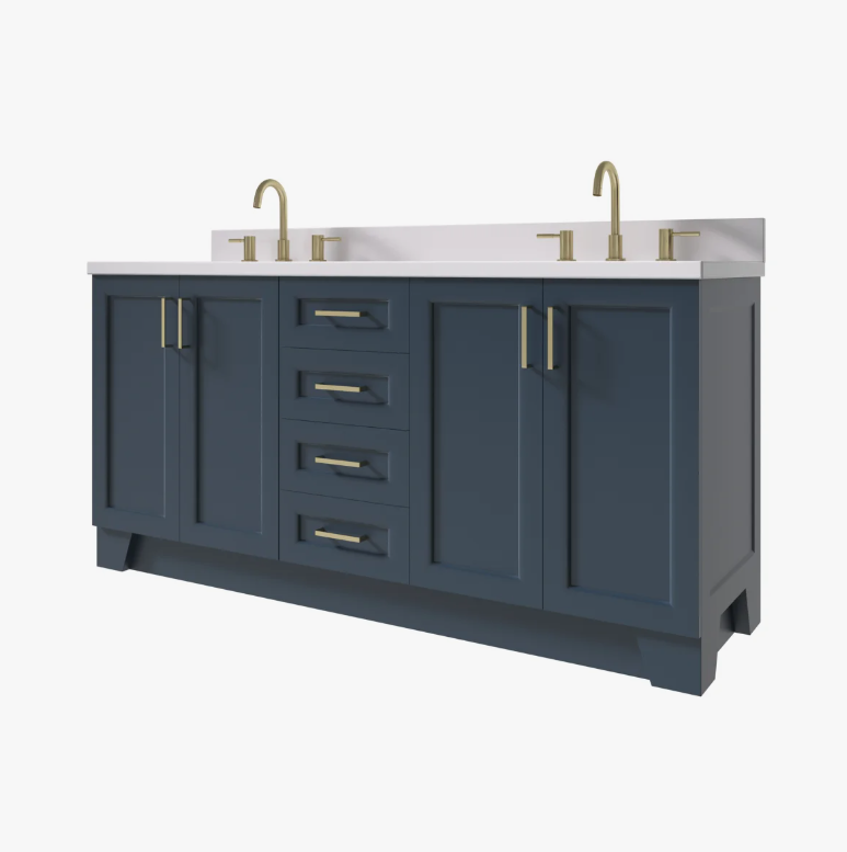 72 Inch Navy Blue Shaker Double Undermount Sink Bathroom Vanity, White Quartz Countertop & Brushed Gold Hardware