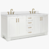 72 Inch White Shaker Double Undermount Sink Bathroom Vanity, White Quartz Countertop & Brushed Gold Hardware