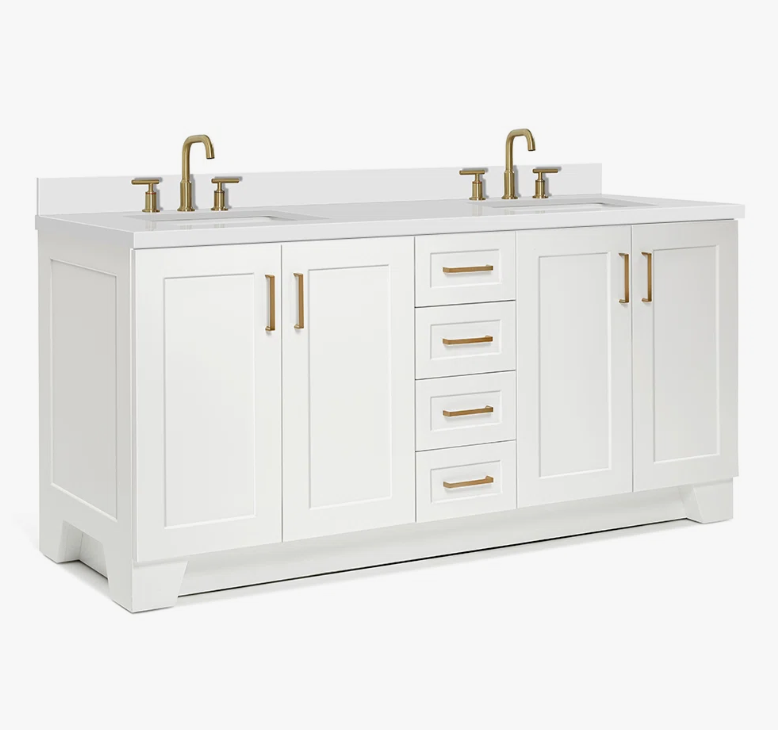 72 Inch White Shaker Double Undermount Sink Bathroom Vanity, White Quartz Countertop & Brushed Gold Hardware