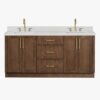 10 72 Inch Walnut Oak Shaker Double Undermount Sink Bathroom Vanity, White Quartz Countertop & Brushed Gold Hardware