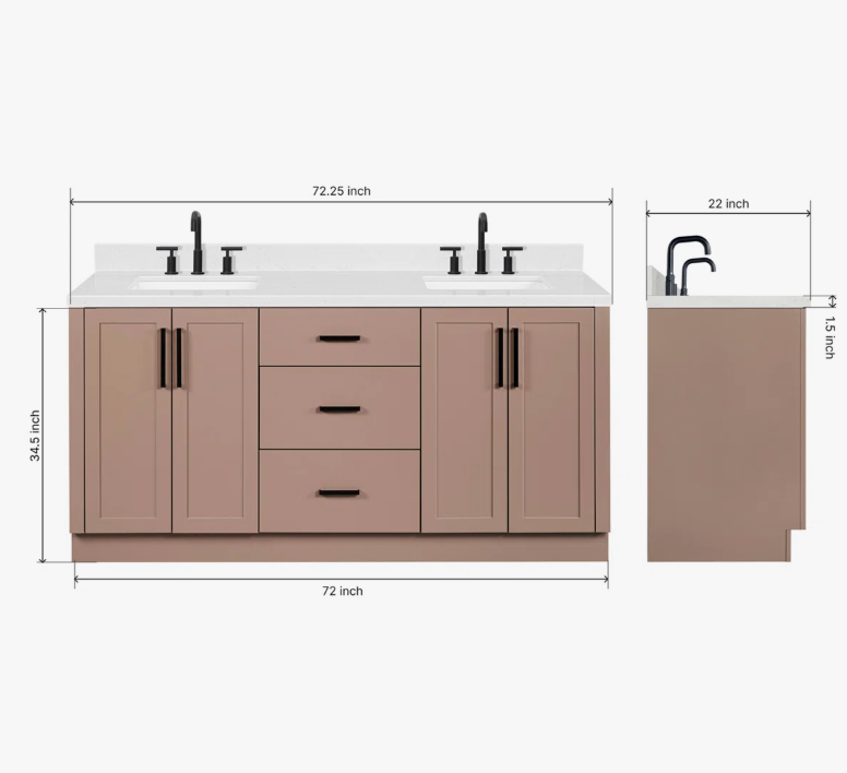 72 Inch Dusty Pink Shaker Double Undermount Sink Bathroom Vanity, White Quartz Countertop & Matte Black Hardware