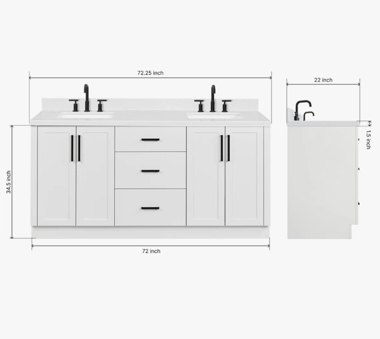 10 72 Inch Pure White Shaker Double Undermount Sink Bathroom Vanity, White Quartz Countertop & Matte Black Hardware