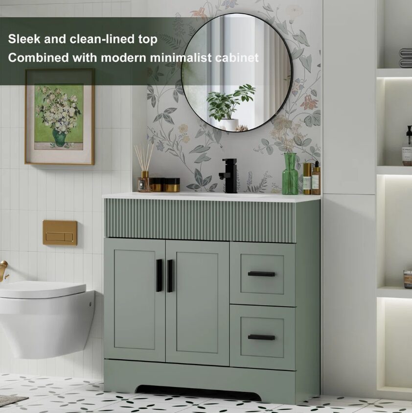10 36" Sage Green Fluted Single Sink Bathroom Vanity Cabinet