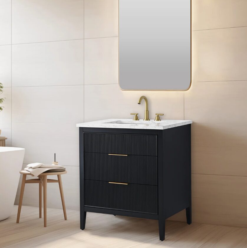 Modern Fluted Bathroom Vanity with Gold Handles & Marble Top