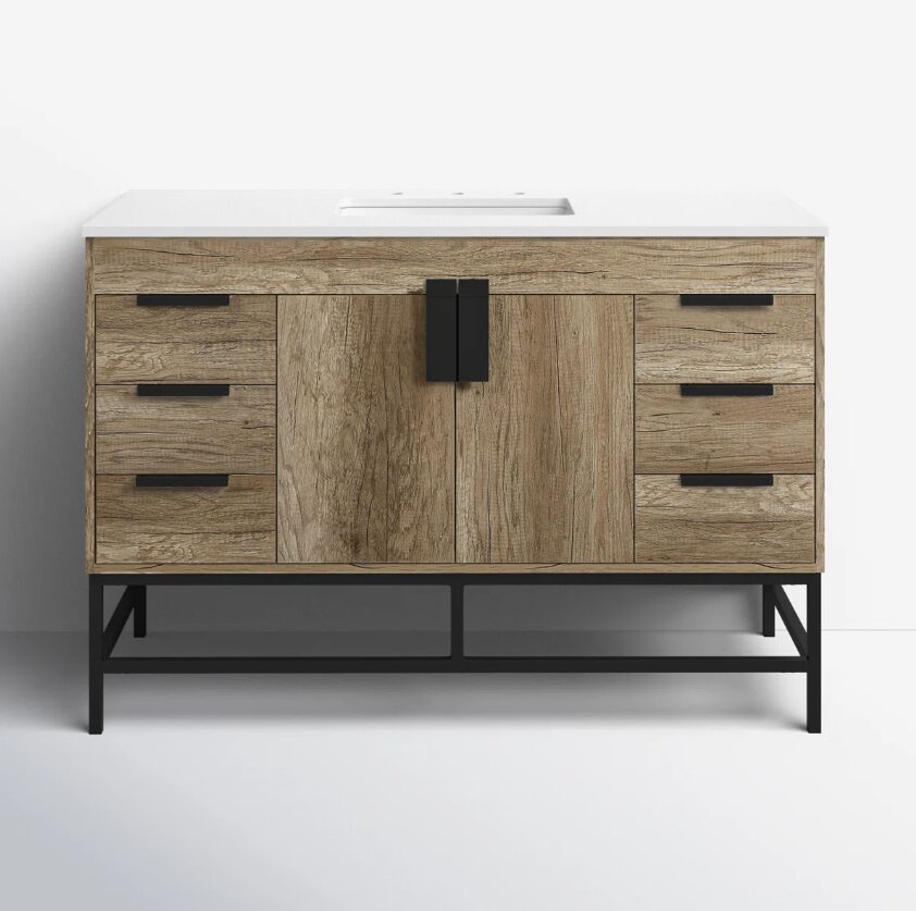 48 Inch Rustic Oak Freestanding Bathroom Vanity with Matte Black Metal Frame