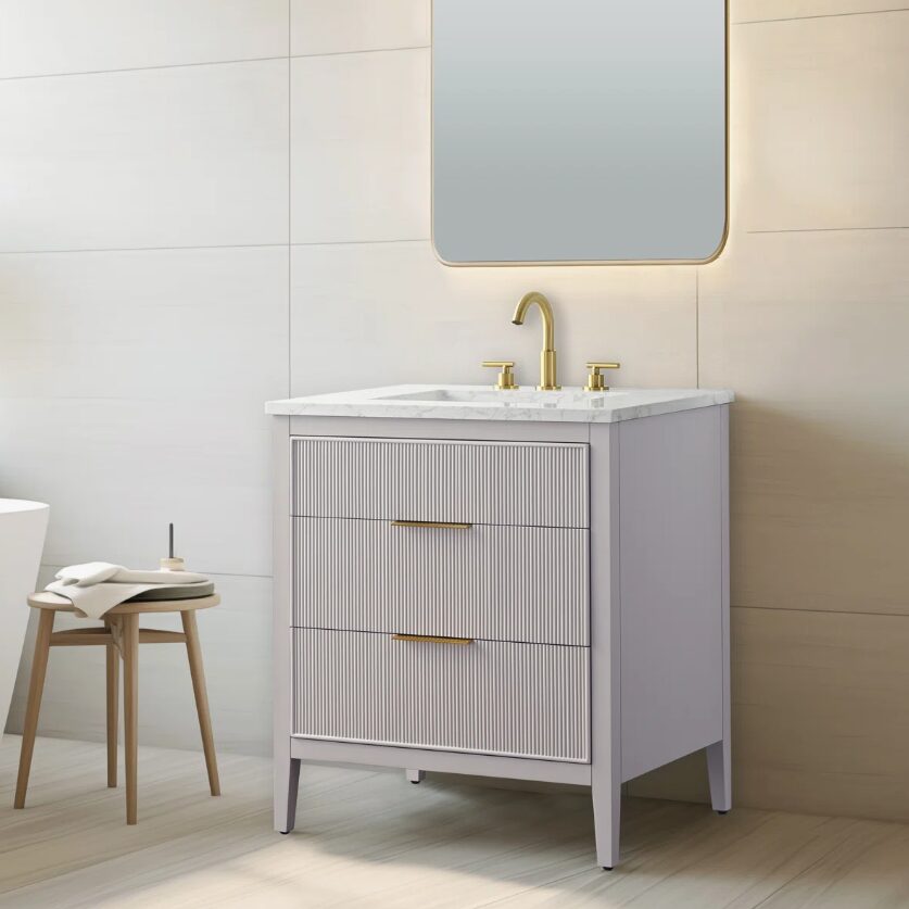 10 Soft Grey Reeded Bath Vanity with Brushed Gold Pull Handles