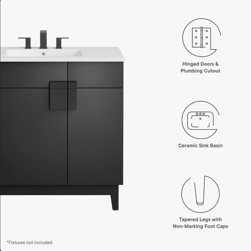 11 36 Inch Matte Black Modern Freestanding Bathroom Vanity with White Ceramic Sink & Geometric Handles