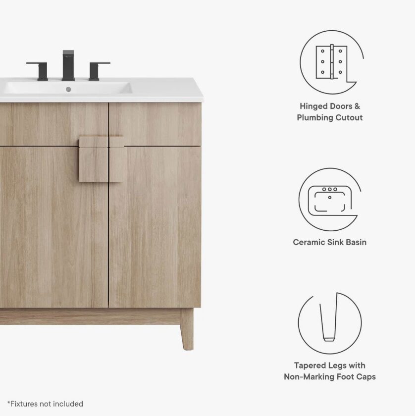 Minimalist Oak Single Sink Vanity Cabinet with 2 Doors & 2 Top Storage Drawers