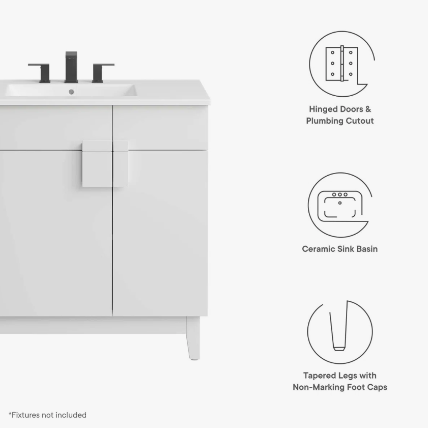 Minimalist White Single Sink Vanity Cabinet with 2 Doors & Dual Top Storage Drawers