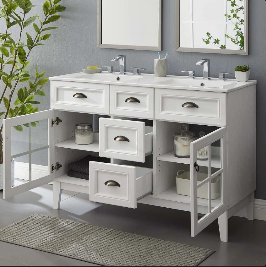 11 Traditional White Double Vanity with Integrated White Solid Surface Countertop