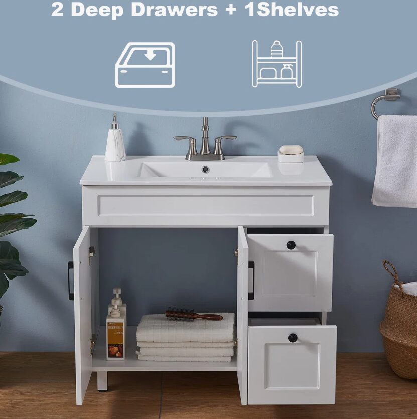11 Modern White Shaker Bathroom Vanity Cabinet with Storage Doors & Drawers