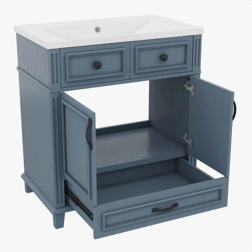 11 Modern Navy Blue Bathroom Vanity Cabinet with Soft Close Doors & Multi Drawer Storage