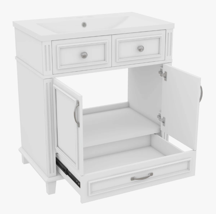 11 30 Inch White Shaker Freestanding Bathroom Vanity with Integrated Ceramic Sink & Large Storage Drawer