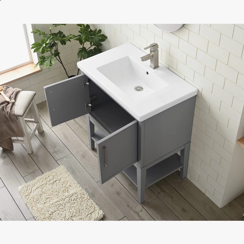 11 30 Inch Grey Freestanding Bathroom Vanity with White Ceramic Sink & Open Storage Shelf