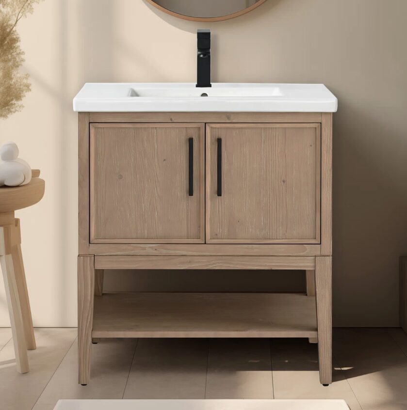 11 30 Inch Weathered Oak Freestanding Bathroom Vanity with White Integrated Sink & Open Bottom Shelf
