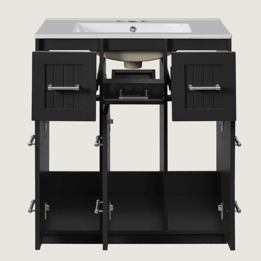 30" Black Vanity with White Sink & 9 Storage Drawers