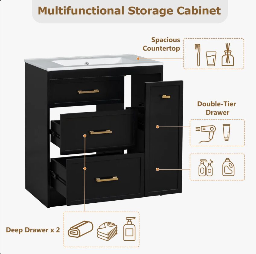 11 30" Black Vanity Cabinet with White Sink & Gold Hardware