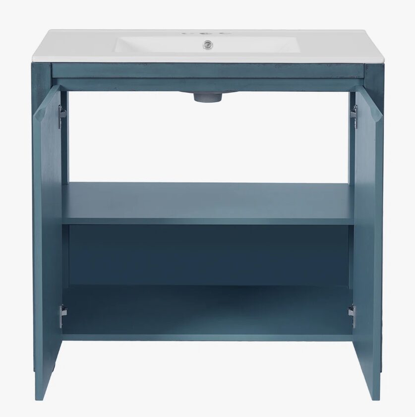 11 Rustic Distressed Blue Freestanding Vanity Cabinet with Double Storage Shelves