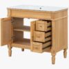 36 Inch Natural Solid Wood Farmhouse Single Sink Bathroom Vanity with Ceramic Sink & Gold Knobs