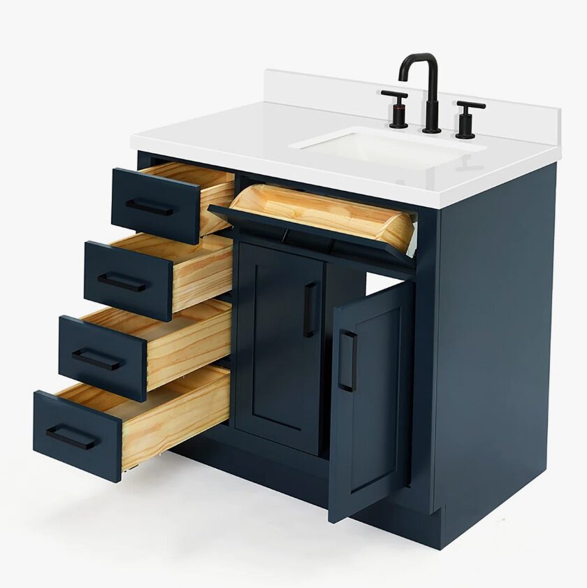 11 36 Inch Navy Blue Shaker Single Sink Bathroom Vanity White Quartz Top Soft Close Drawers Matte Black Hardware
