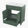 30 Inch Vintage Green Recessed Panel Single Sink Bathroom Vanity with Gold Hardware, 3 Storage Drawers & Double Doors