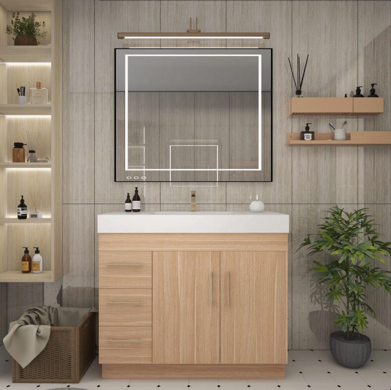 11 Wall Mount Light Wood Bathroom Vanity with Integrated White Solid Surface Sink Top