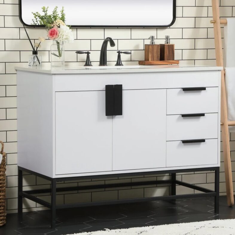 11 Transitional White Vanity Cabinet with Elevated Open Base for Farmhouse & Loft Bathroom Remodel