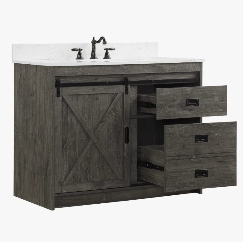 11 Farmhouse Rustic Gray Vanity with Cross Barn Door for Country & Industrial Bathroom Remodel