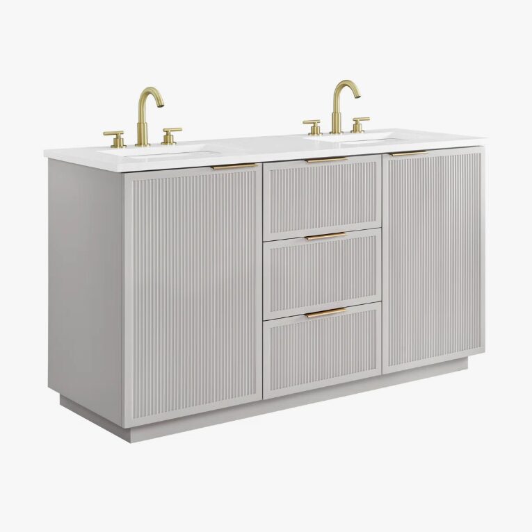 60 Inch Fluted Light Gray Double Undermount Sink Bathroom Vanity, White Quartz Countertop & Brushed Gold Hardware