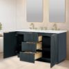 11 60 Inch Dark Navy Fluted Double Undermount Sink Bathroom Vanity, White Quartz Countertop & Brushed Gold Hardware