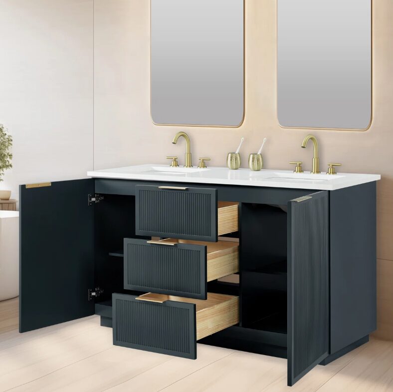 11 60 Inch Dark Navy Fluted Double Undermount Sink Bathroom Vanity, White Quartz Countertop & Brushed Gold Hardware