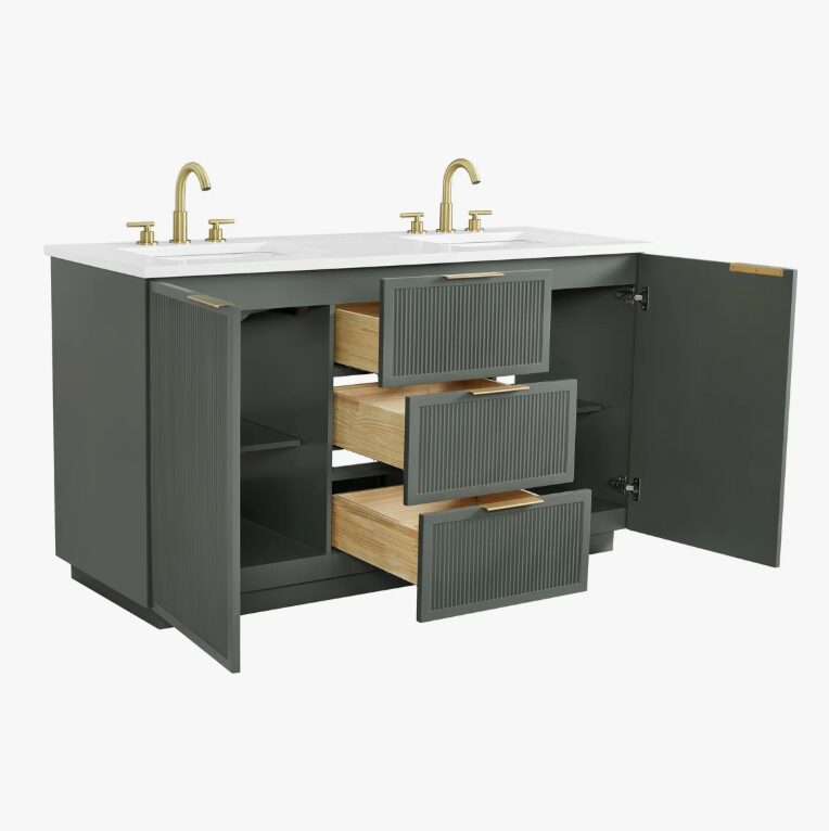 11 60 Inch Sage Green Fluted Double Undermount Sink Bathroom Vanity, White Quartz Countertop & Brushed Gold Hardware